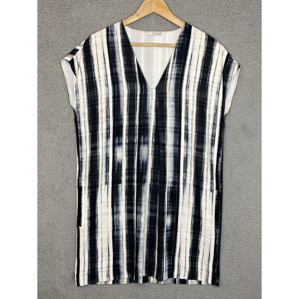 Vince Coastal Beach Blue White Striped Oversized V-Neck Mini Dress Womens Size S